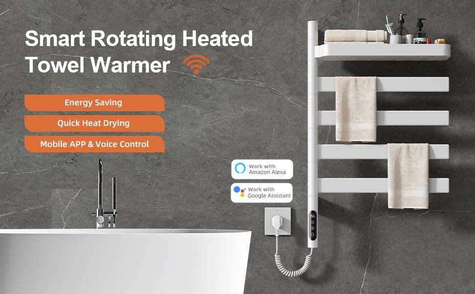 SIOYIE Smart Rotating Heated Towel Rack For Bathroom, Wall-Mounted Electric Towel Dryer With Swivel Bars & Shelf, Smart Timer, Low Carbon Steel, Plug-in/Hardwired, Towel Warmer With Wi-Fi App Control_voghion.com
